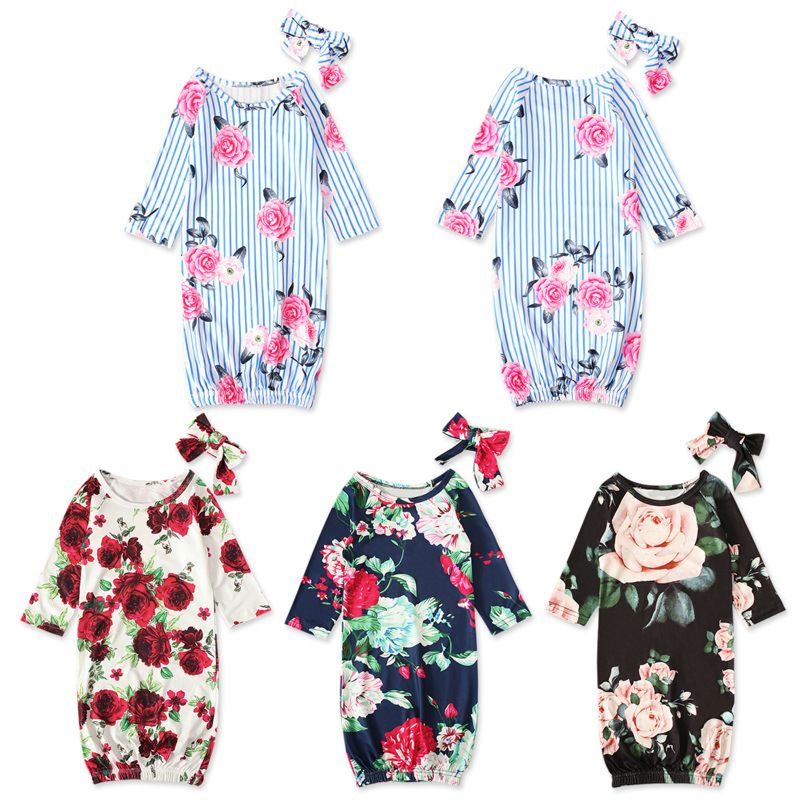 Two Pice Set Long Sleeves Rose Toddler Baby Stroller Sleeping Sack Bags Headband Stripe Floral Kids Infant Gown Jumpsuit
