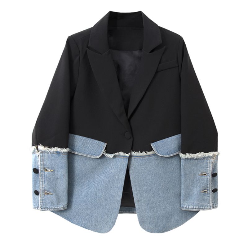 Twotwinstyle Temperament Plaid Casual Loose Patchwork Denim Colorblock Ladies Blazer