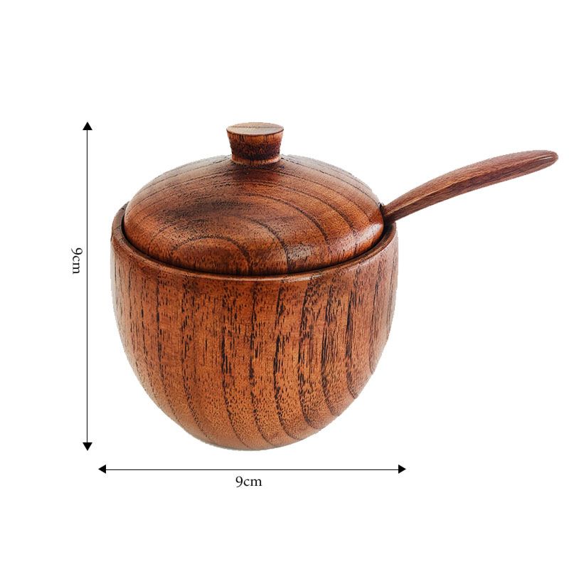 Type Kitchen Household Sugar Salt Storage Wooden Seasoning Pot with Bamboo Lid and Tray Flavouring Pot for Family