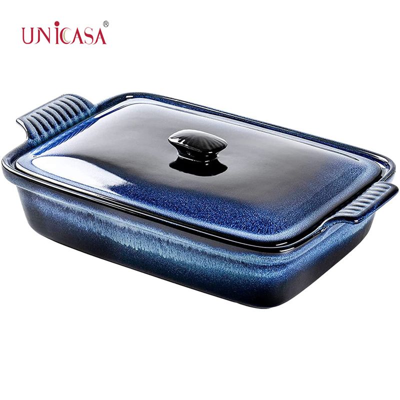 Unicasa 2.8Qt Covered Casserole Reactive Glaze Space Blue Baking Dish for Cooking Rectangular Casserole Dish with Lid