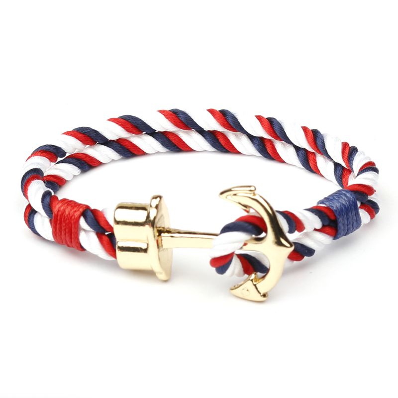 Unisex Couple Handmade Jewelry Multi Double Layer Woven Nylon Rope Hook Gold Plated Anchor Rope Bracelet