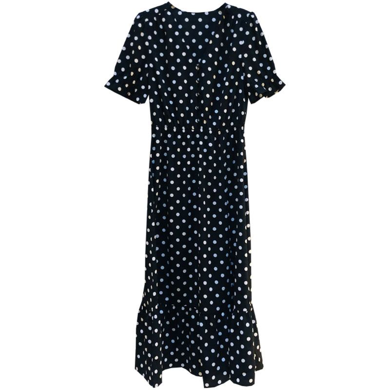 V-Neck Dot Print Corrugated A-Line Slim Waist Short-Sleeved Chiffon Woman Slit Long Dress