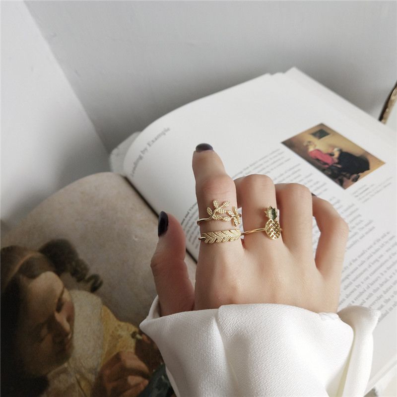 Variety of Golden Rings Pure Silver 18K Gold Plated Luxury Pineapple Banana Leaf Hollow Adjustable Rings