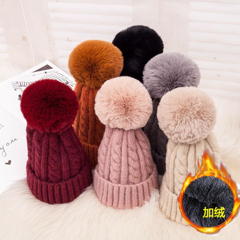 Velvet Hat Cap Women Knitting Cap Faux Fur Pompoms Beanie Hat