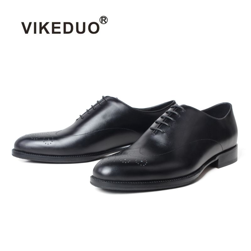 Vikeduo Hand Made Mens Dress Shoes Guide Polished Black Premium Men Leather Shoes