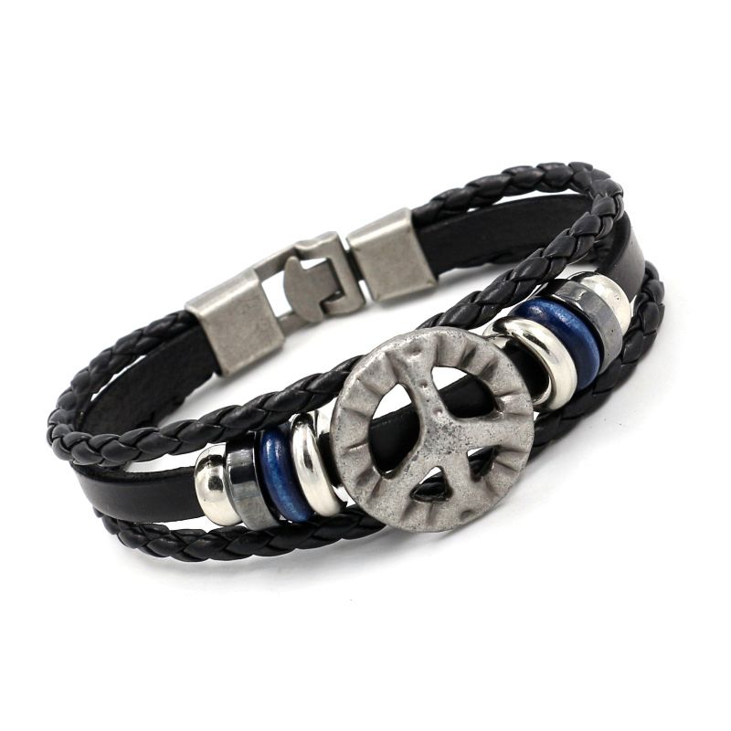 Vintage Alloy Peace Sign Multi-Layer Beaded Baided Leather Bracelets for Men Student Accessories