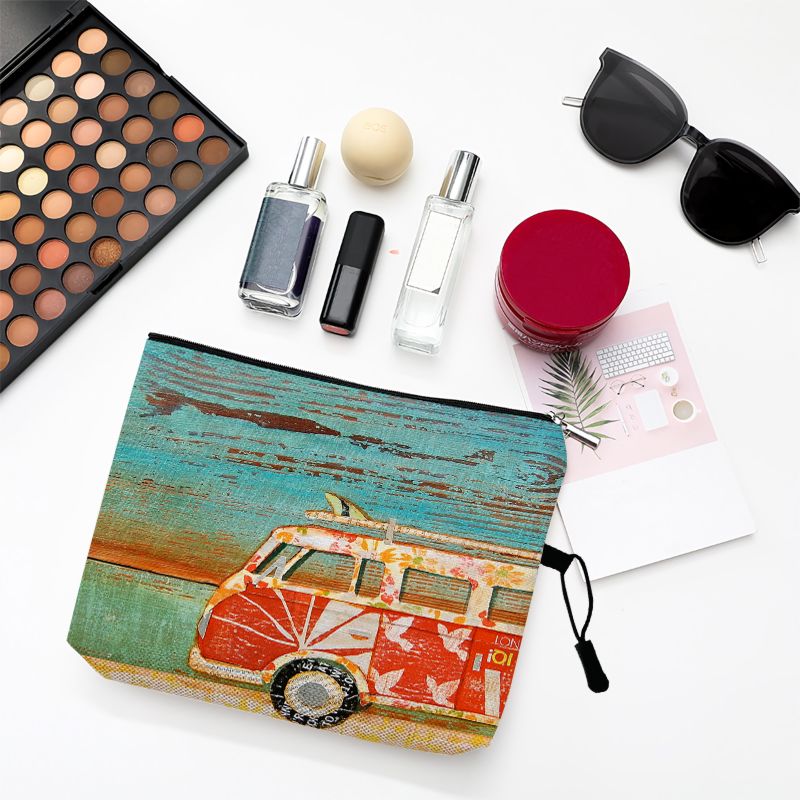 Vintage Beach Scenery Print Women Travel Storage Bag Linen Cloth Toiletries Organize Cute Cosmetic Bag Portable Make up Pouch