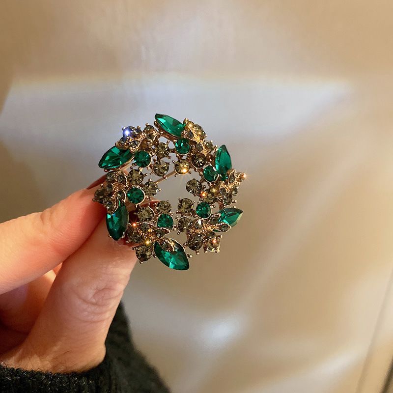 Vintage Brooch Sense Green Diamond Crystal Flower Leaves Brooch Designer Jewelry