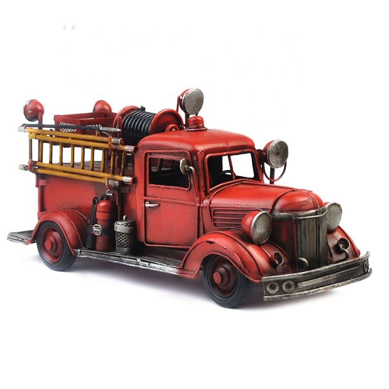 Vintage Fire Truck Model Retro Figurine Iron Red Truck Vehicle Figurine Boy Gift Kid Toy Home Decor Metal Crafts