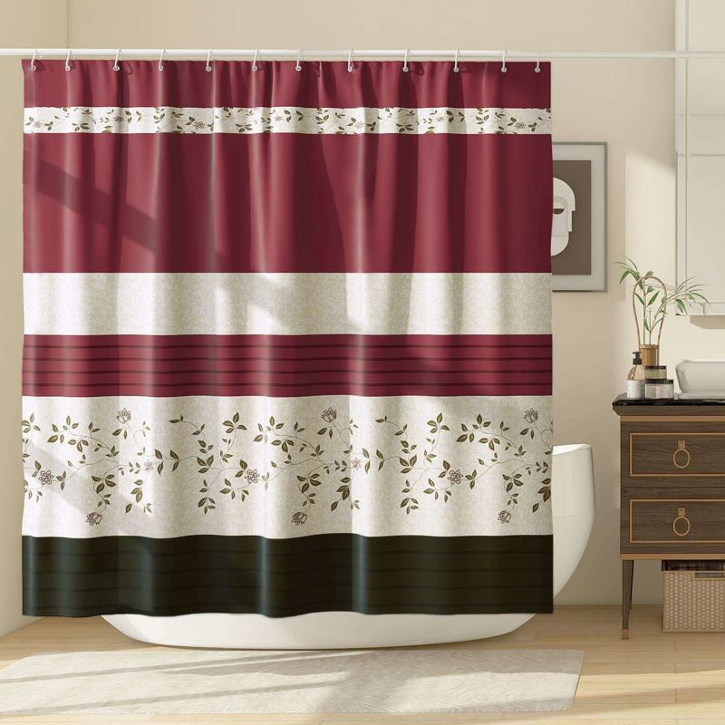 Vintage Floral Polyester Shower Curtain Wine Red Waterproof Printing Bathroom Shower Curtain