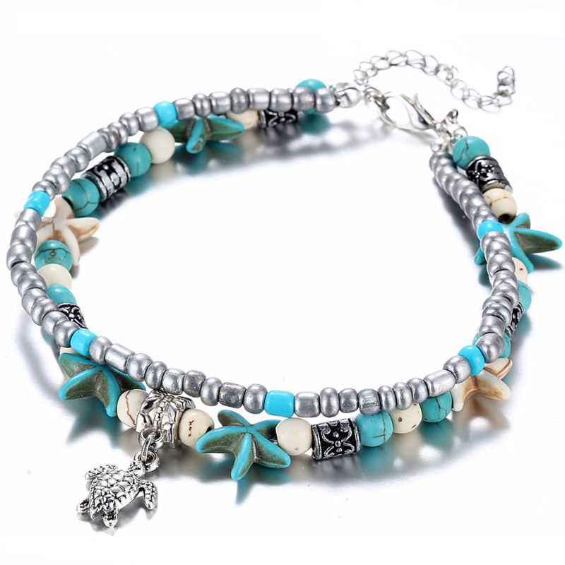 Vintage Heart Elephant Owl Starfish Turtle Pendant Turquoise Beads Women Beach Anklet Bracelet Foot Jewelry