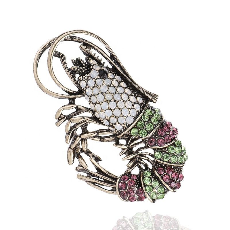 Vintage Rhinestone Shrimp Brooches Women Alloy Sparkling Animal Casual Party Brooch Pins Gifts