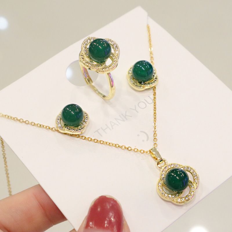 Vintage Stainless Steel Jewelry Natural Jade Bridal Jewelry Set Micro Paved Cz Green Gemstone Emerald Necklace Ring Earrings Set