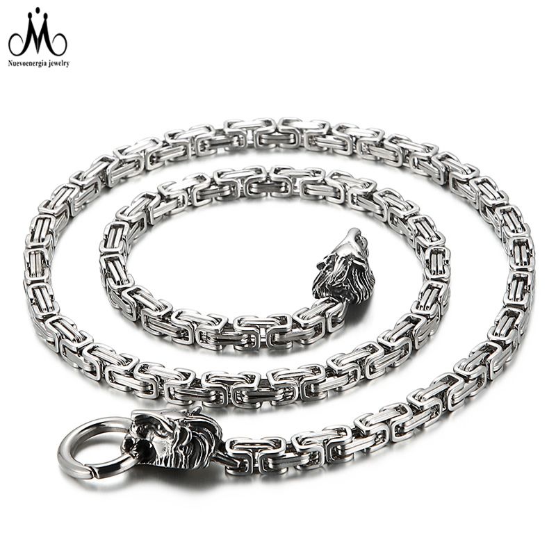 Vintage Width 316L Stainless Steel Lion Head Byzantine Chain Necklace for Men Jewelry