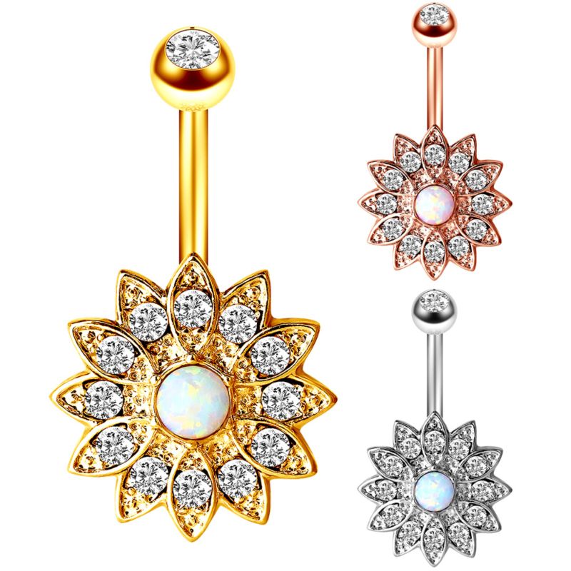 Vriua 6 Colors Flower Opal Navel Piercing Ring Gold Silver Color Bar Ball Belly Piercing Navel Earring Piercing Body Jewelry