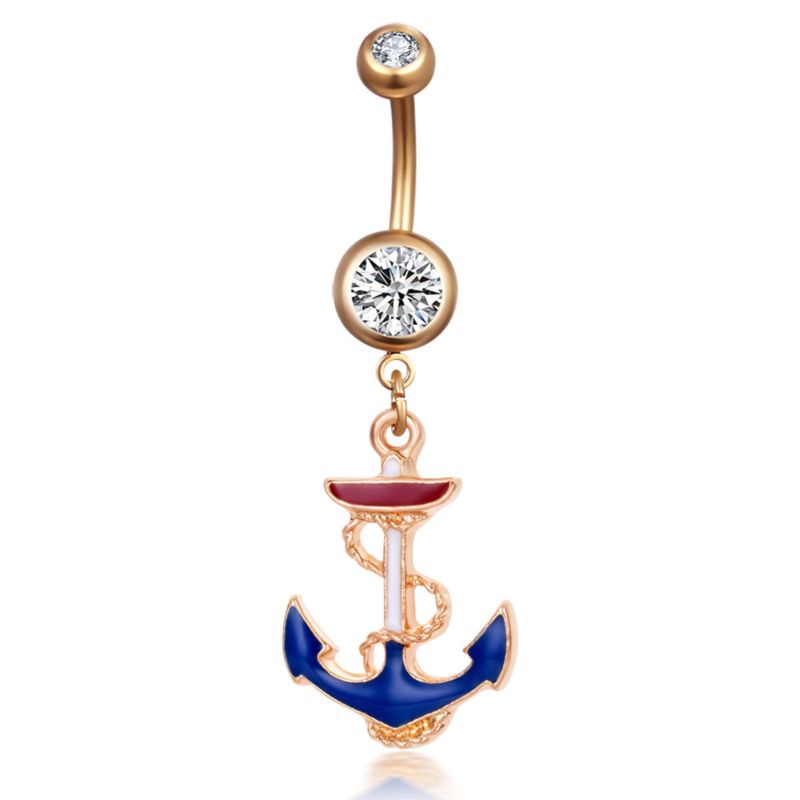 Vriua Women Navel Piercing Anchor Dangle Barbell Belly Button Ring Body Chain Piercing Body Jewelry