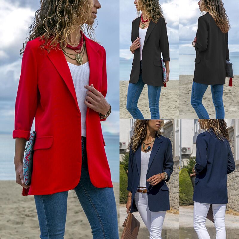 W0088 Women's Casual Blazer Long Sleeve Open Front Work Office Blazer with Pockets Solid Color Coat