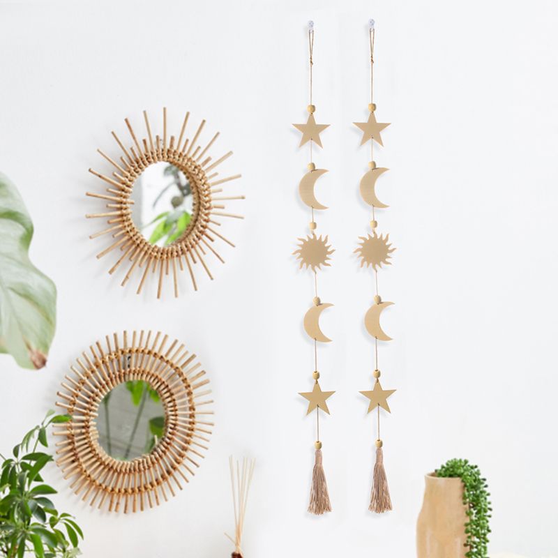 Wall Hanging Ornament Garland Wooden Star Moon Bead Kids Room Nursery Fall Wooden Bead Garland with Tassels for Home Decoration