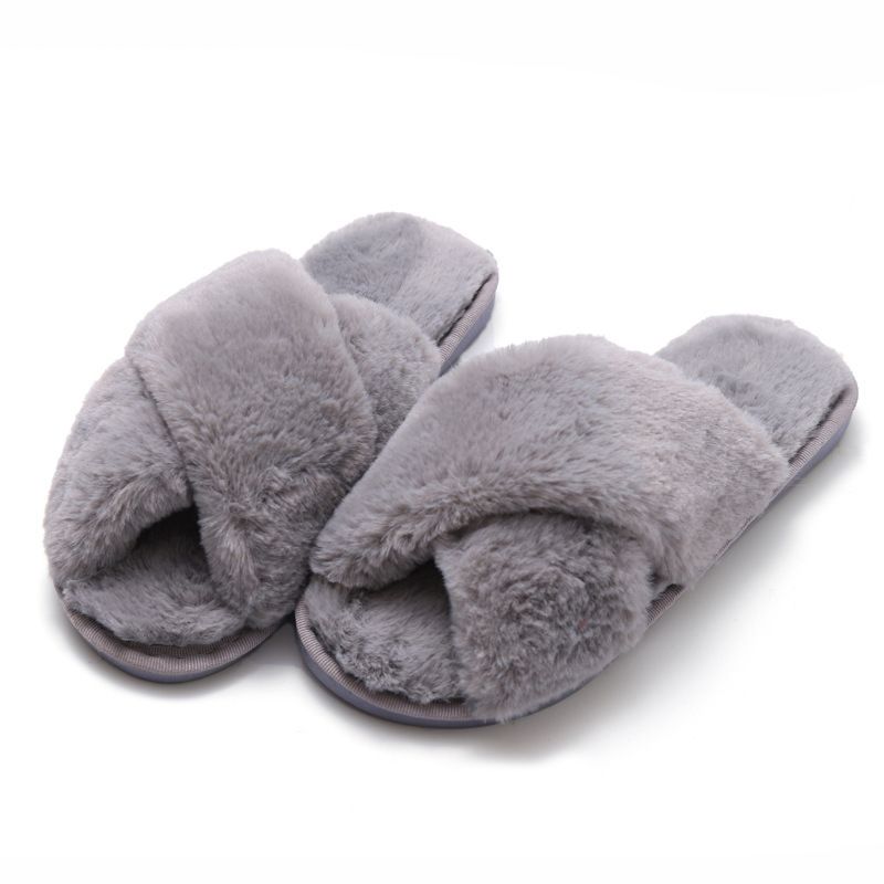 Warm Crossed Faux Fur Indoor Slippers Wholesales Women Stitched Fuzzy Outdoor Ladies Faux Fur Bedroom Fur Slippers for Women