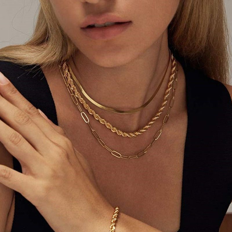 Waterproof Multiple Paperclip Chain Layer Necklace Set 18K Gold Stainless Steel 3 Three Multi Layered Chain Necklace for Women