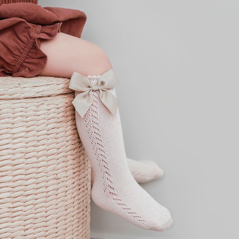 We Are Little Princess Big Bow-Not Hollow Jacquard with Morandi Color Little Baby Girl Mid-Calf Crew Boot Socks