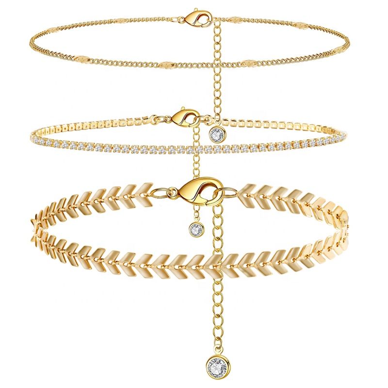 Wesparking Emo Cubic Zircon 14K Gold Silver Plated Anklet Brass Three Chains Anklets Set for Women Jewelry