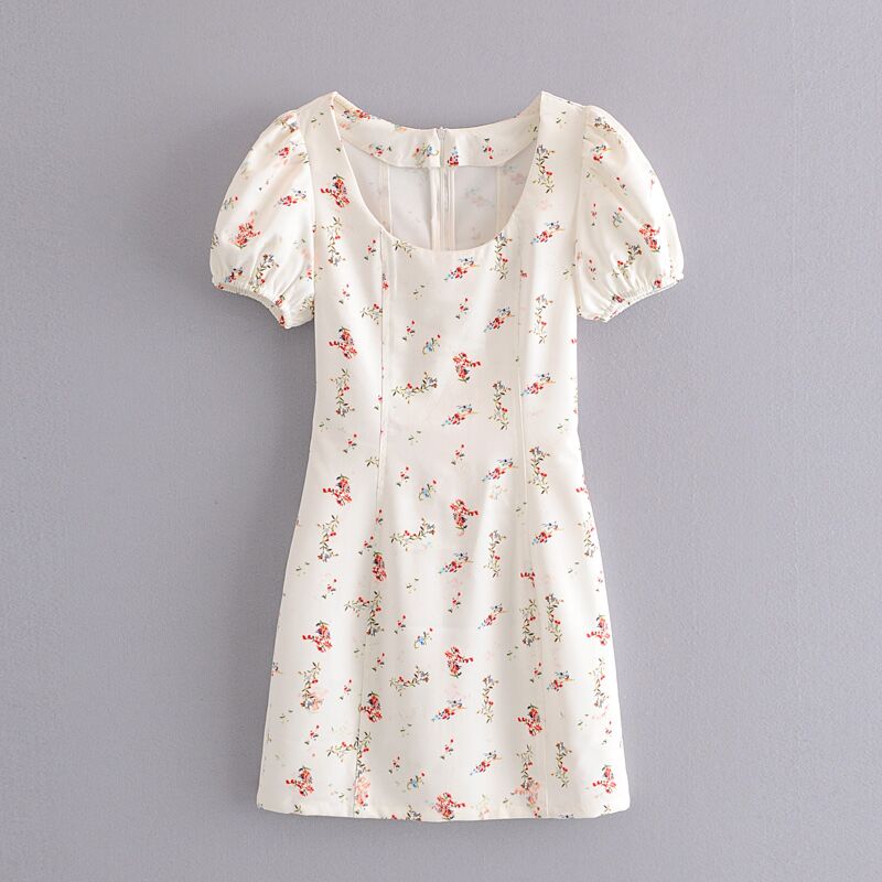 White Color Floral Print Women Short Sleeve Sweet Design Casual Cute Slim Fit Mini Dress