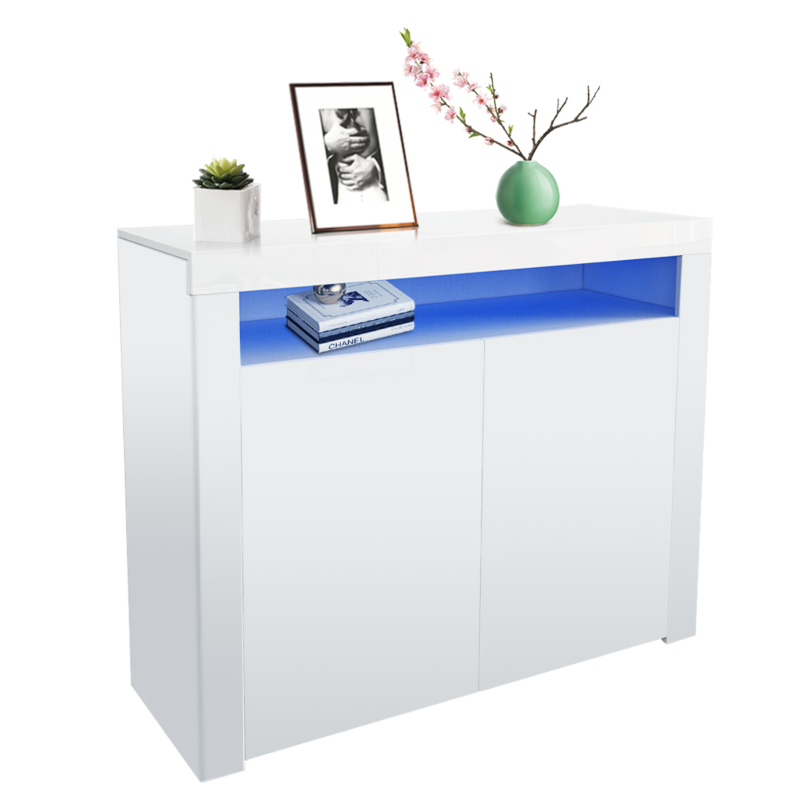 White High Gloss Side Storage Cabinet with 2 Doors and 1 Open Storage Shelf, Cupboard with Led Light