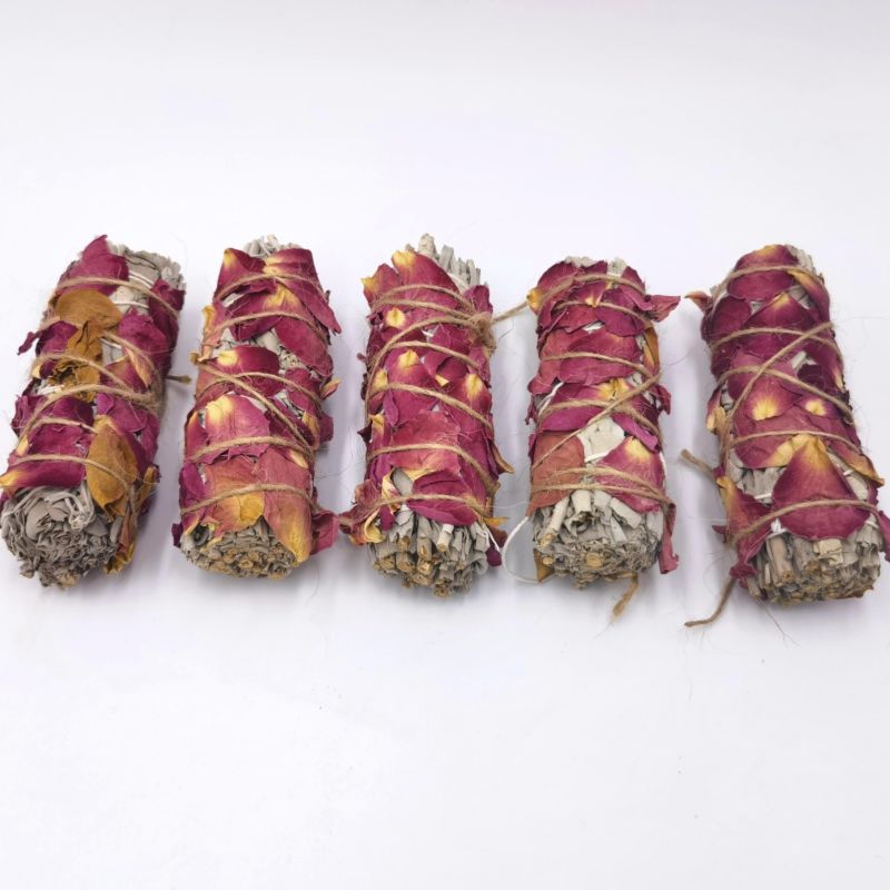 White Sage Bundles Stick with Dry Rose Petals Flowers Smudge Plant