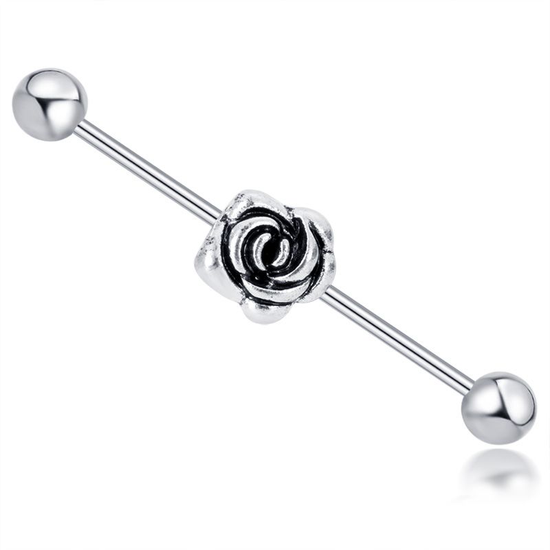 Woman Silver Plated Rose Flower Unisex Long Earrings Stainless Steel Body Piercing Jewelry Ear Studs Industrial Barbell