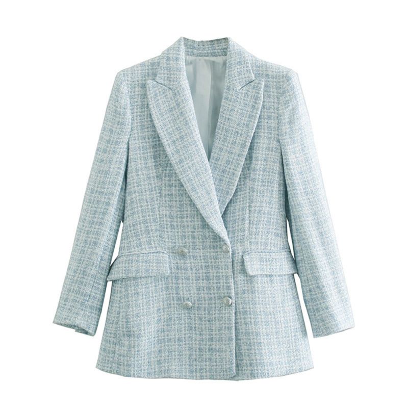 Woman Simple Plaid Blazers Office Lady Coat Double Breasted Loose Casual Jacket Spring Autumn Female Suits Coat