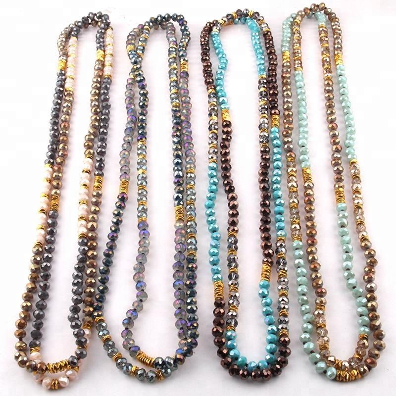 Women 8Mm Gold Metal Spacer Multi Crystal Glass Beads Knotted Long Necklace