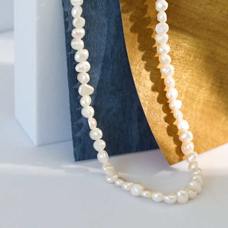 Women 925 Sterling Silver Baroque Fresh Water Freshwater Beaded Pearl Necklace Jewelry Collar De Perlas