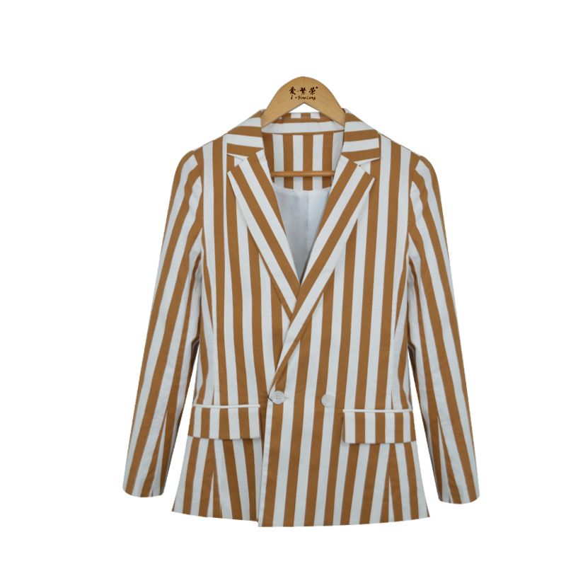 Women Blazer Double Breasted Women Suit White Striped Yellow Color Blazer