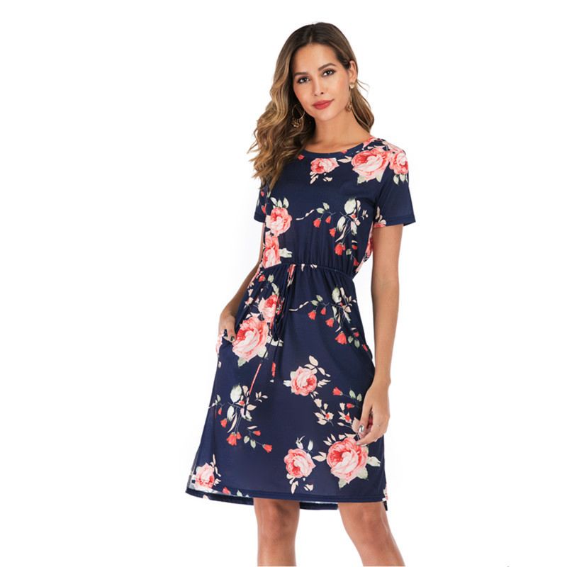 Women Casual Drawstring Dress with Pockets Floral Short Sleeve Dress