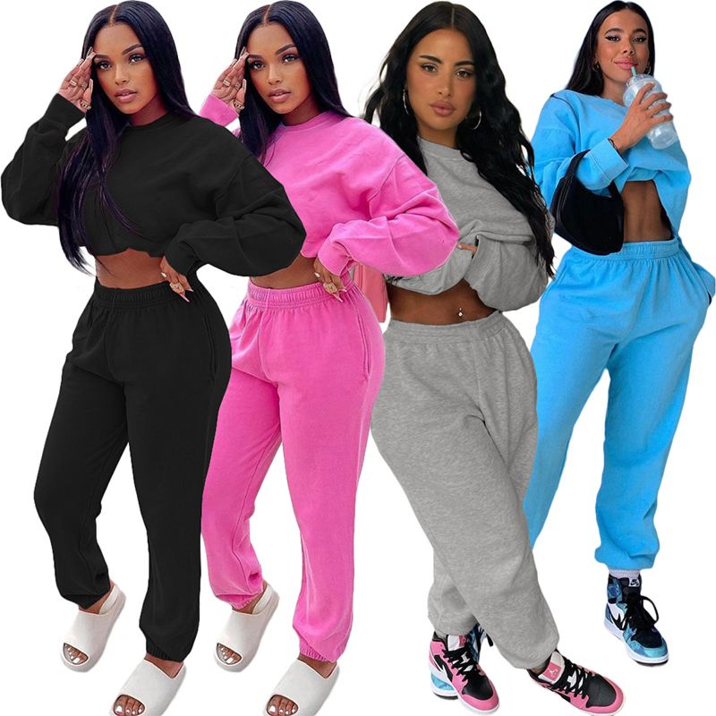 Women Clothes Sport Wear 2 Piece Set Loose Tracksuit Casual Long Sleeve Crop Top Hoodie Sweatshirt Sweat Sets