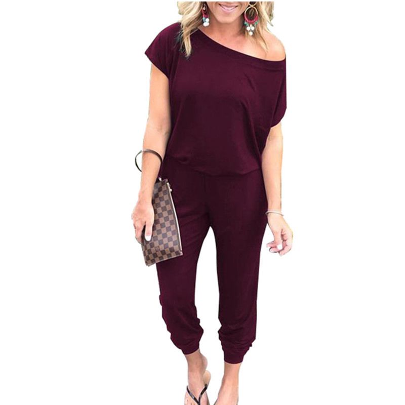 Women Cute off the Shoulder Solid Color Jumpsuit Women Short Sleeve Long Pants Rompers