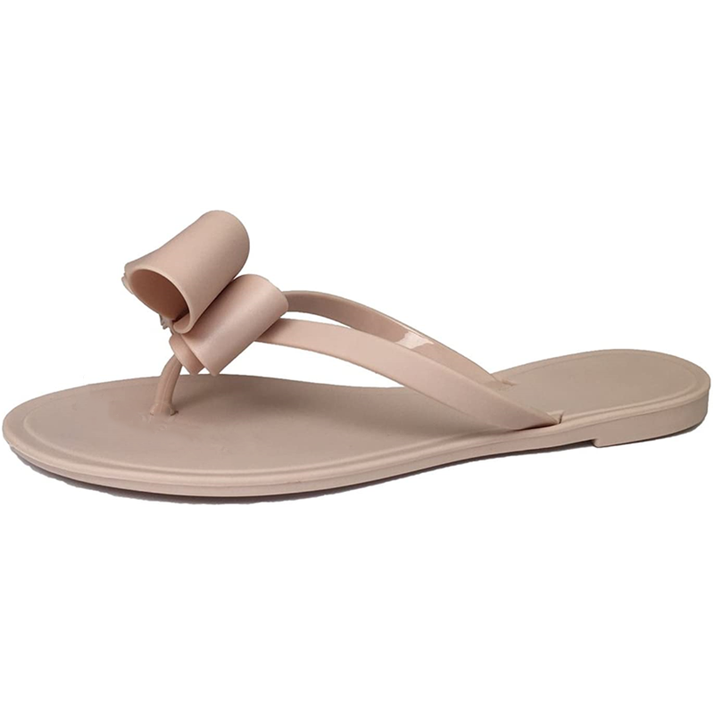 Women Flip-Flops Pearls Bow Sandals Beach Flat Rivets Rain Jelly Gold Pearls