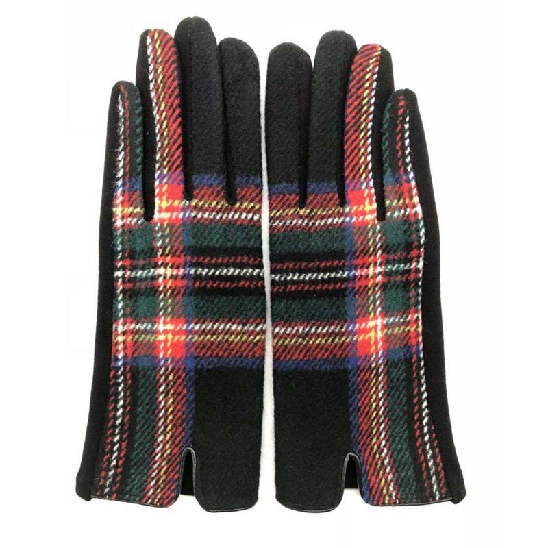 Women Gloves Touch Screen Thick Warm Adult Hand Outdoor Mittens Plaid Gloves