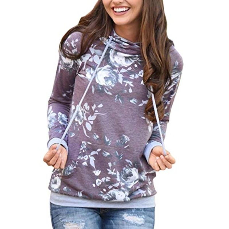 Women Hoodies Tops Floral Printed Long Sleeve Pocket Drawstring Sweatshirt with Pocket Jacket Hooded Tracksuit E0552