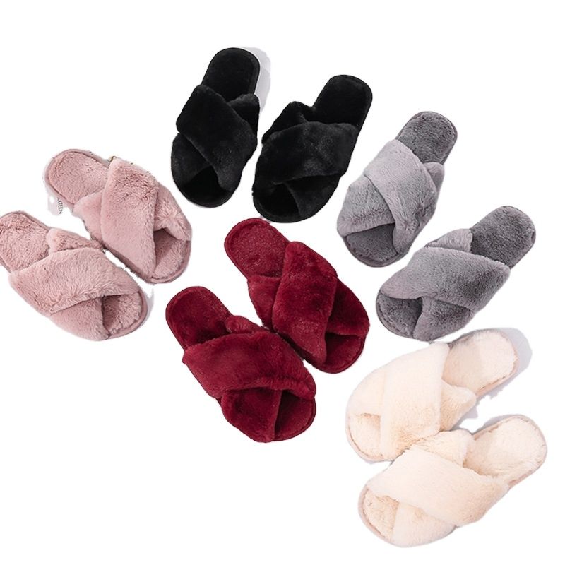 Women House Slippers Faux Fur Warm Shoes Woman Slip on Flats Female Slides Black Pink Cozy Home Furry Slippers