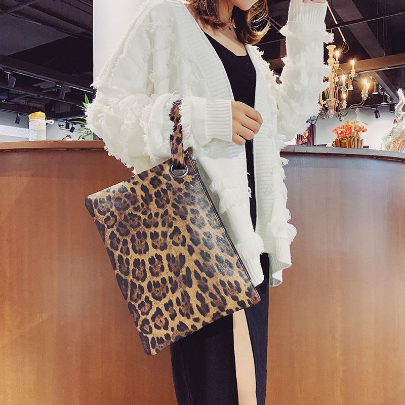 Women Leather Leopard Print Large Envelope Clutch Bags with Bangle Ladies Tote Handbags Evening Clutches