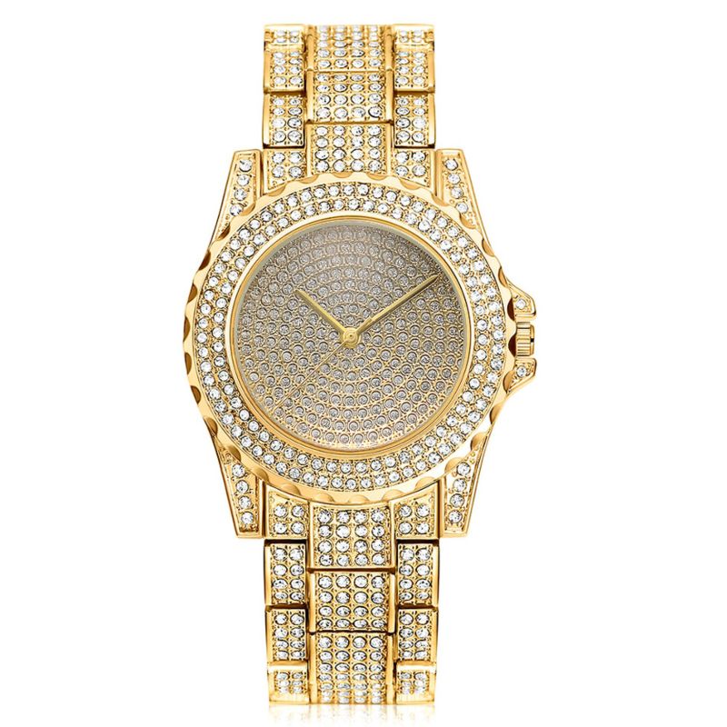 Women Men Full Diamond Stainless Steel Quartz Wrist Gold Watches Jaw-0691