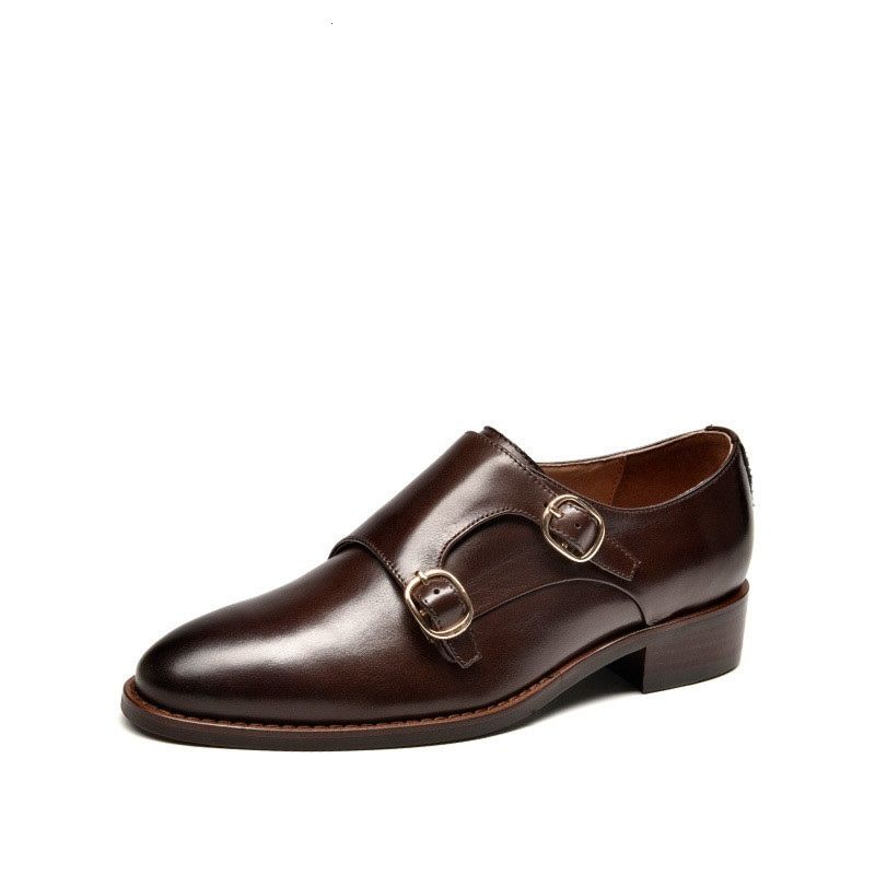 Women Monk Shoes Loafers Girls Formal Dress Ayakkabi Zapatos Mujer Tacon Schuhe Retro Vintage Genuine Leather Shoes High