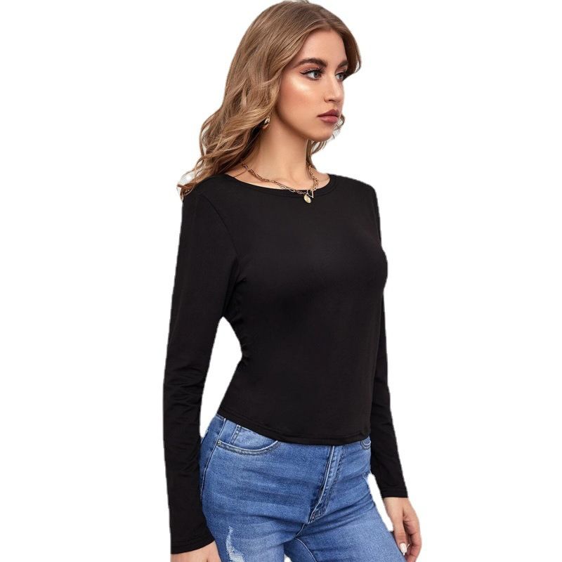 Women O Neck Long Sleeved Hollow Backless Lace up Top T Shirt Black Breathable Shirt Blouse