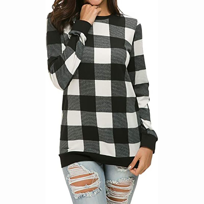 Women Plaid Top Stylish Long Sleeve Buffalo Plaid Blouse Top Casual Comfy Checkered Shirt Color Block Sweatshirt Dropshipping