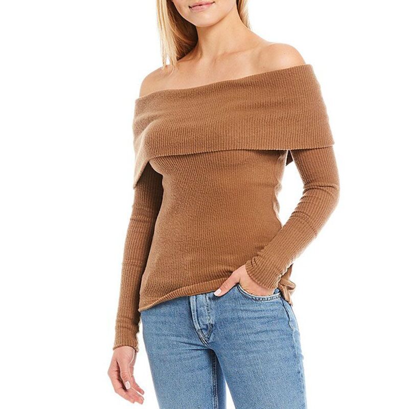 Women Snow Bunny Long Sleeve Off-The-Shoulder Knit Pull- on Top Blouse Top Female