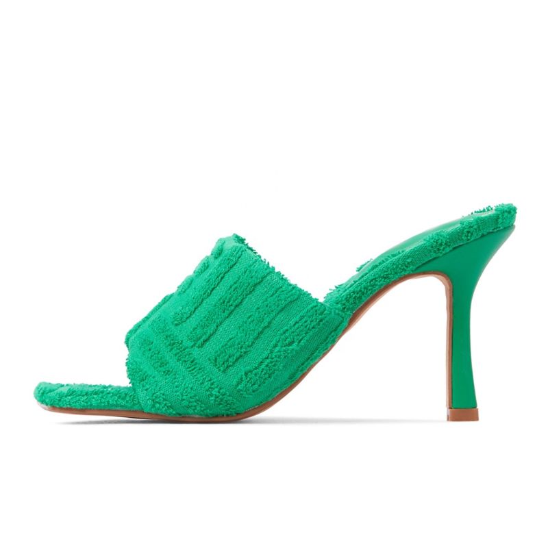 Women Towel Heels Square Toe Slip on Sandals High Heel Mules Shoes