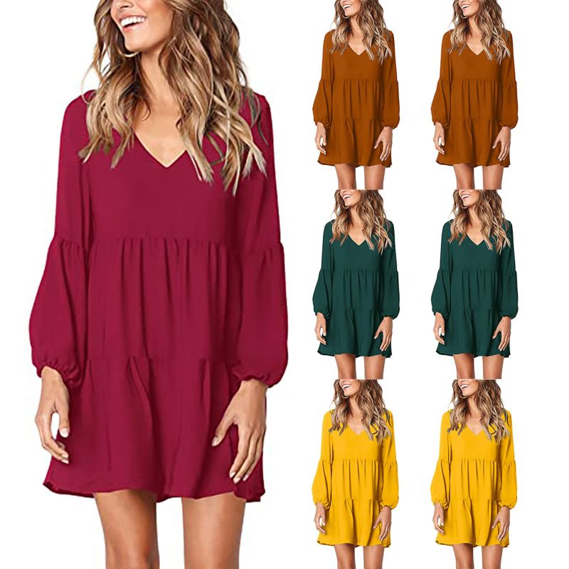 Women Tunic Dress V Neck Casual Loose Flow Swing Shift Dresses