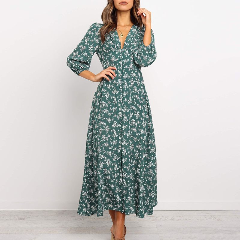 Women V Neck Long Shirt Dress Autumn Floral Print Three Quarter Sleeve Split Dress Casual Button Boho Maxi Dresses